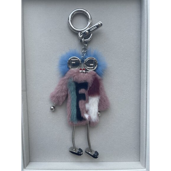 Fendi Roma Mink Fur & Leather Karlito Keychain Bag Charm - Picture 1 of 8